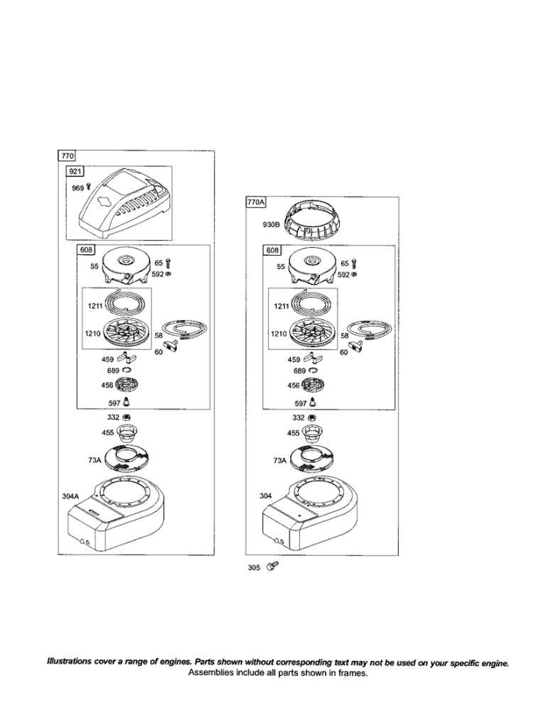 Starter-Rewind Diagram and Parts List for 10G900 0015 Thru 0352 Briggs and Stratton Engine